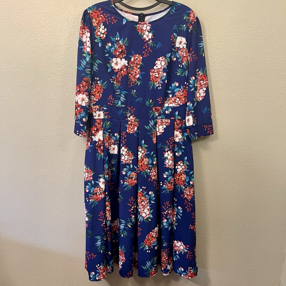 Vibrant Midi Dress Pleated Blue Red Zip 3/4 Sleeves Maximalist Garden Party Sz L